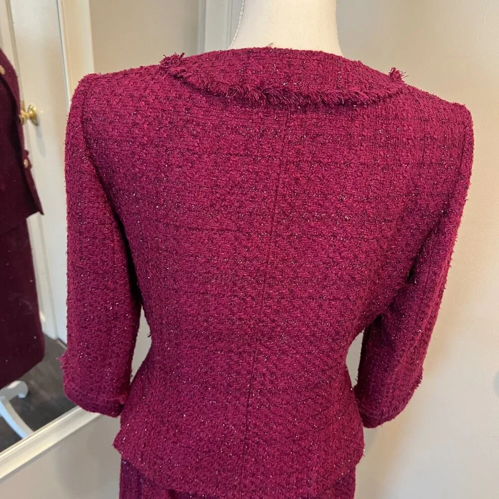 Tahari ASL Magenta Metallic Tweed Skirt Suit with Fringe Detail, Size 10 - Picture 13 of 16